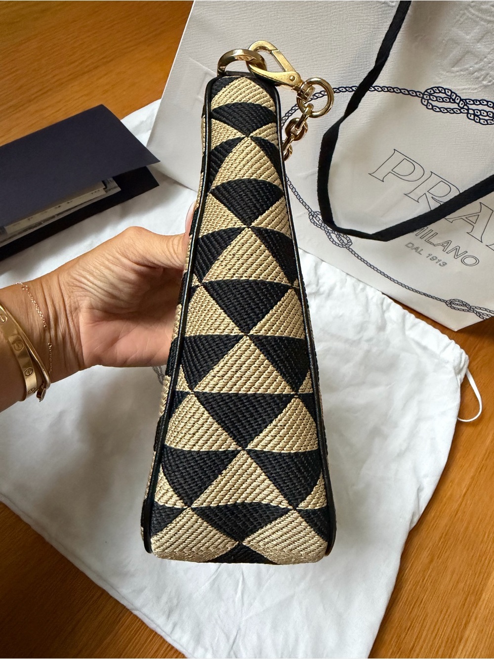Authentic Prada Embroidered Jacquard Fabric Triangle Symbole Zip Bag - Picture 4 of 10